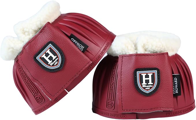 Harrison Howard Rubber Pull-on Bell Boots with Fleece Lining and Extra-Large Leather Touch-Close Tape Hoof Overreach Protection for Horses Sold in Pairs Wine Red XL