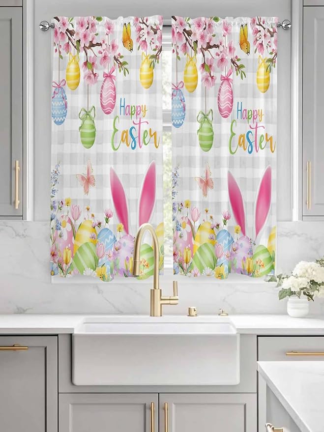 Happy Easter Bedroom Curtains 63 Inches length, Spring Watercolor Bunny Eggs
