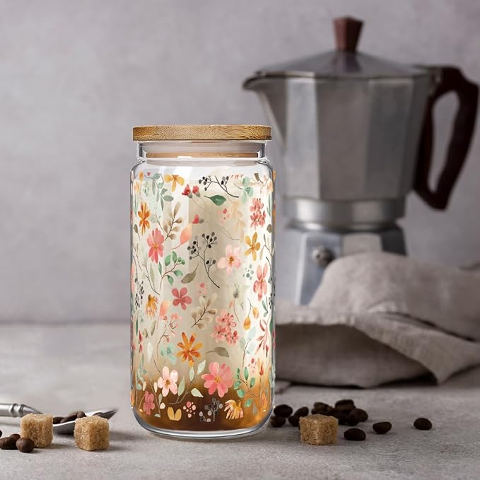 Floral Iced Glass Cups with Bamboo Lids and Straws 16oz Wildflower Coffee Cup