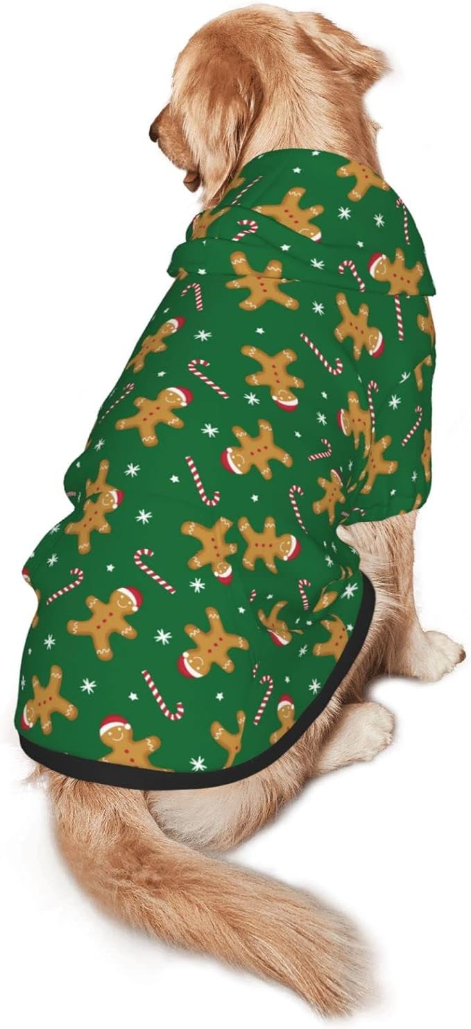 Green Christmas Gingerbread Men Candies Hoodie,Christmas Cosplay Dog Clothes with Pocket and Hat Winter Clothes Sweaters XXX-Large