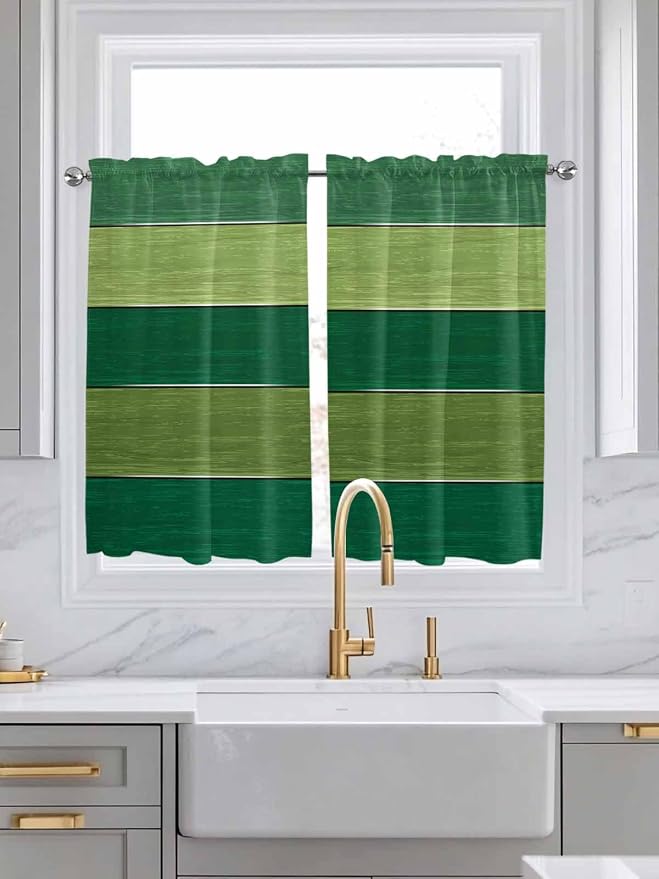 Farm Retro Green Wood Grain Window Valance Curtains, Rustic Wooden Plank