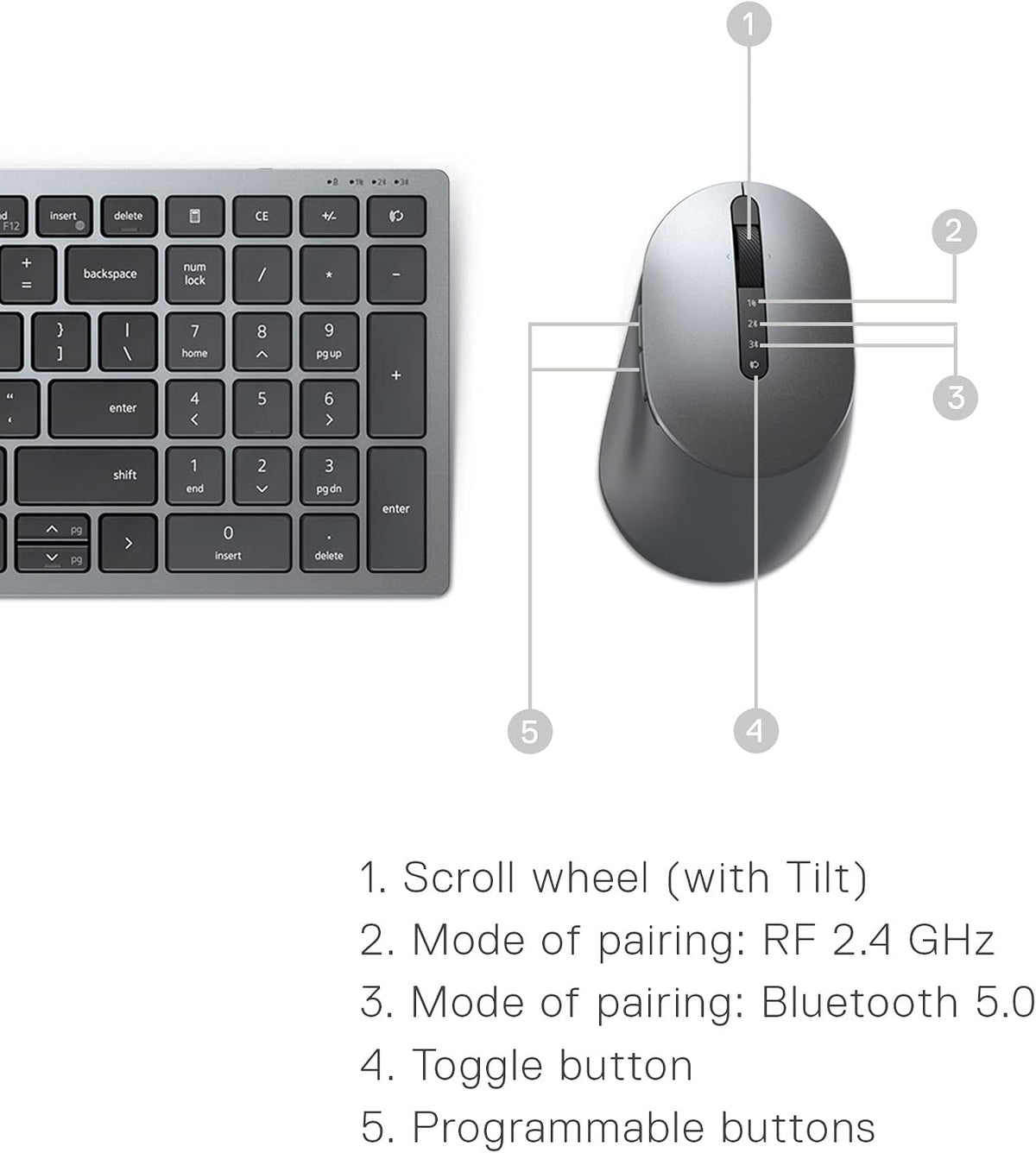 Dell Multi-Device Wireless Keyboard and Mouse KM7120W, Programmable