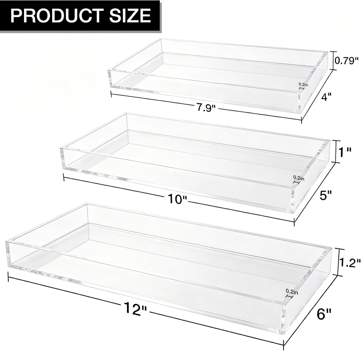 Clear Acrylic Tray 5mm Thicken 3 Pack for Vanity Makeup, Perfume, Jewelry Holder, Napkin,Decorative Serving Tray for Bathroom, Toilet Tank, Sink Countertop,Dresser, Coffee Table, L+M+S