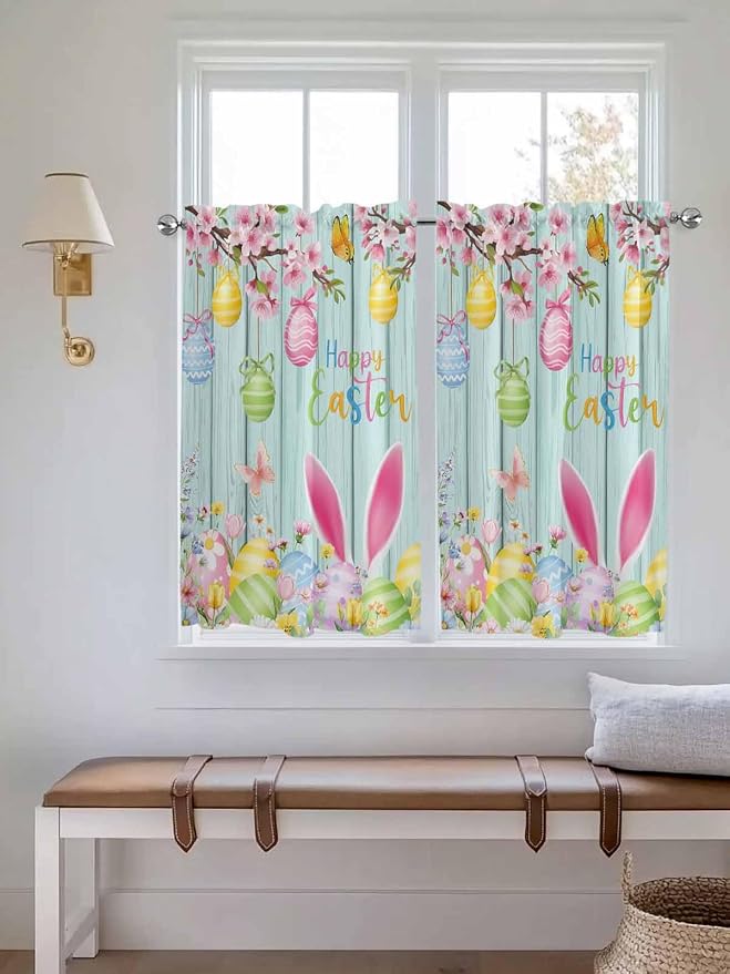 Happy Easter Kitchen Curtains 54 Inches Length, Spring Bunny Eggs Flower Teal