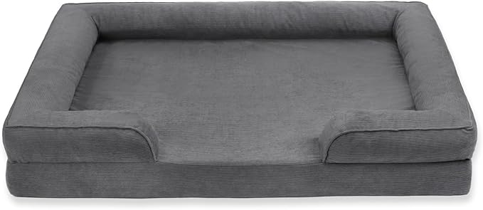 Gray Corduroy Orthopedic Dog Bed with Bolster – Memory Foam, Washable Removable Cover, Non-Slip Bottom (Small)