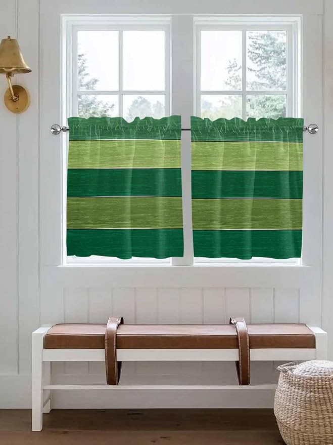 Farm Retro Green Wood Grain Window Valance Curtains, Rustic Wooden Plank