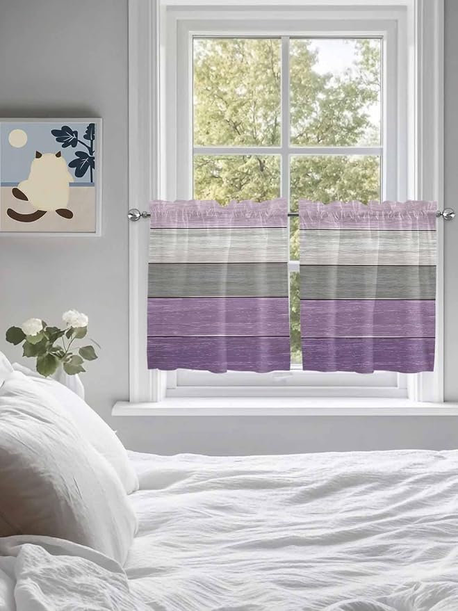 Country Wood Board Gray Purple Window Valance Curtains, Farmhouse Gradient