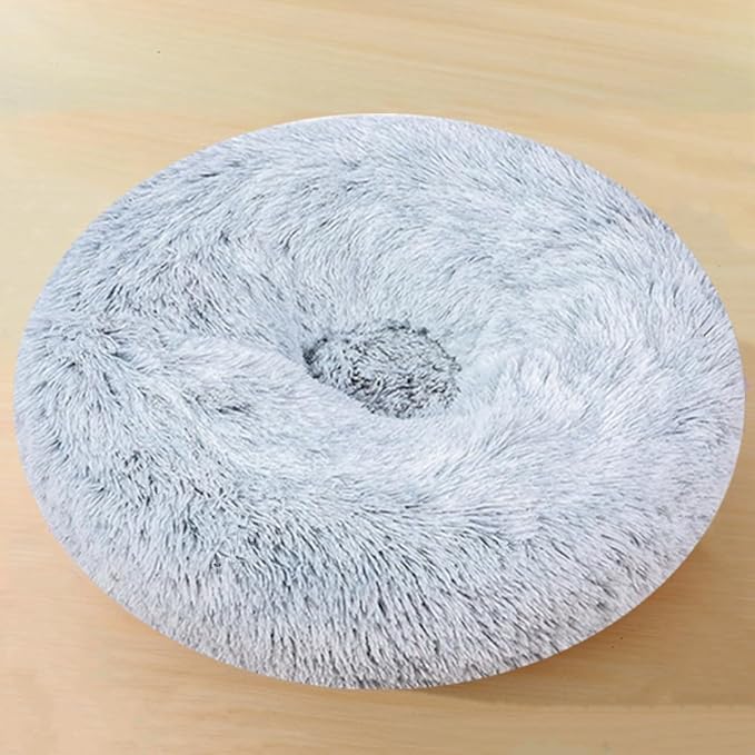 Calming Large Dog Bed & Cat Bed, 43 Inch Anti-Anxiety Donut Dog Cuddler Cat Bed, Warming Cozy Soft Dog Round Bed, Fluffy Faux Fur Machine Washable Pet Cushion for Medium Dogs & Cats (Grey White)