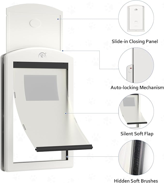 [Classicmacher] Dog Door for Large Dogs, White Frame Door for L arge Dogs, Strong Plastic Doggy Door and L arge Pets with Sliding Lock Panel and Magnetic Soft Flap (Large, Milk White)