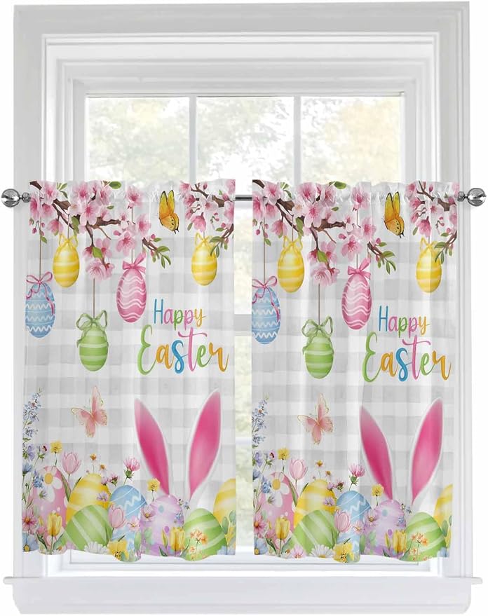 Happy Easter Kitchen Curtains 54 Inches length, Spring Watercolor Bunny Eggs