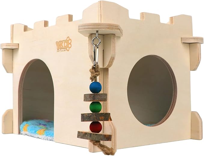 YKD Castle Chinchilla House, Small Animal Hideout for Chinchilla, Guinea Pig, Hedgehog, or Rat, Ventilated Wooden Guinea Pig Hut Habitat with Multiple Doors (Medium)