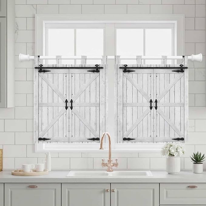 Farmhouse Wood Grain Kitchen Curtains 36 Inch Length, Small Window Curtains Tab