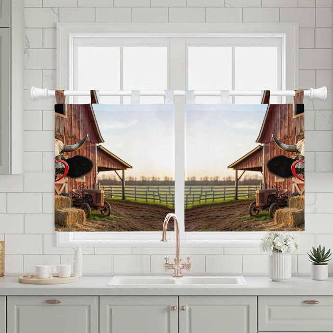 Farm Cows Kitchen Curtains 24 Inch Length, Small Window Curtains Tab Top