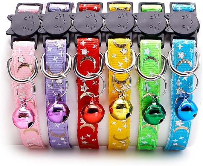 Reflective Cat Collars Breakaway with Bell 2-Pack Girl Boy Pet Kitten Collar with Star Moon Patetrn Adjustable 7.5-12.5 Inch (Yellow)