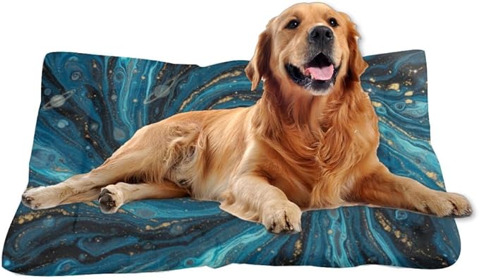 Blue Gold Fluid Swirl Marble Art Dog Beds Medium Furniture Dog Crate Mat Crate Pad Beds for Washable Non-Slip Pet Bed for Cute Bed Travel Mat Pet Furniture Indoor Outdoor 36X24 Inch