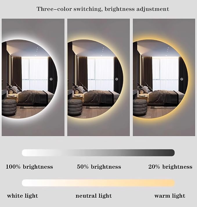 Semicircle Vanity Mirror with LED Lights, Dimmable LED Illuminated Bathroom