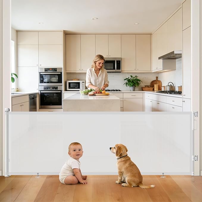 96" Retractable Baby Gates Large Openings, Extra Wide Mesh Dog Gate for Garage Deck Porch, Strong Suction Disc Prevent Crawling Under, 34" Tall Long Safety Gate for Child Indoor Outdoor, White