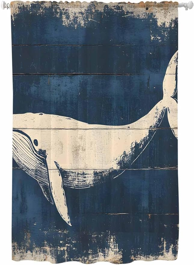Sheer Curtains 63 Inch Length, Ocean Whale Blue Semi Sheer Curtains Light