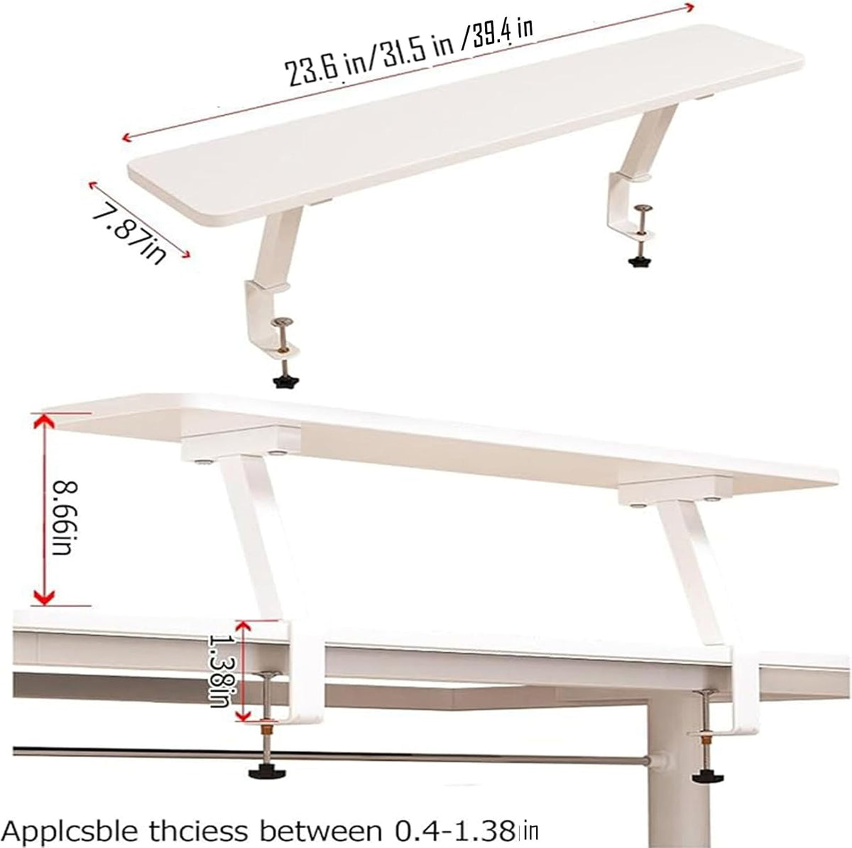 Clamp On Desk Organizer Shelf White, Above Desk Storage Extension Portable No Drill Required Bookcase Clamp Rack for Home Office Dorm Workstation and Study Space (White, 39.4x7.8 in)