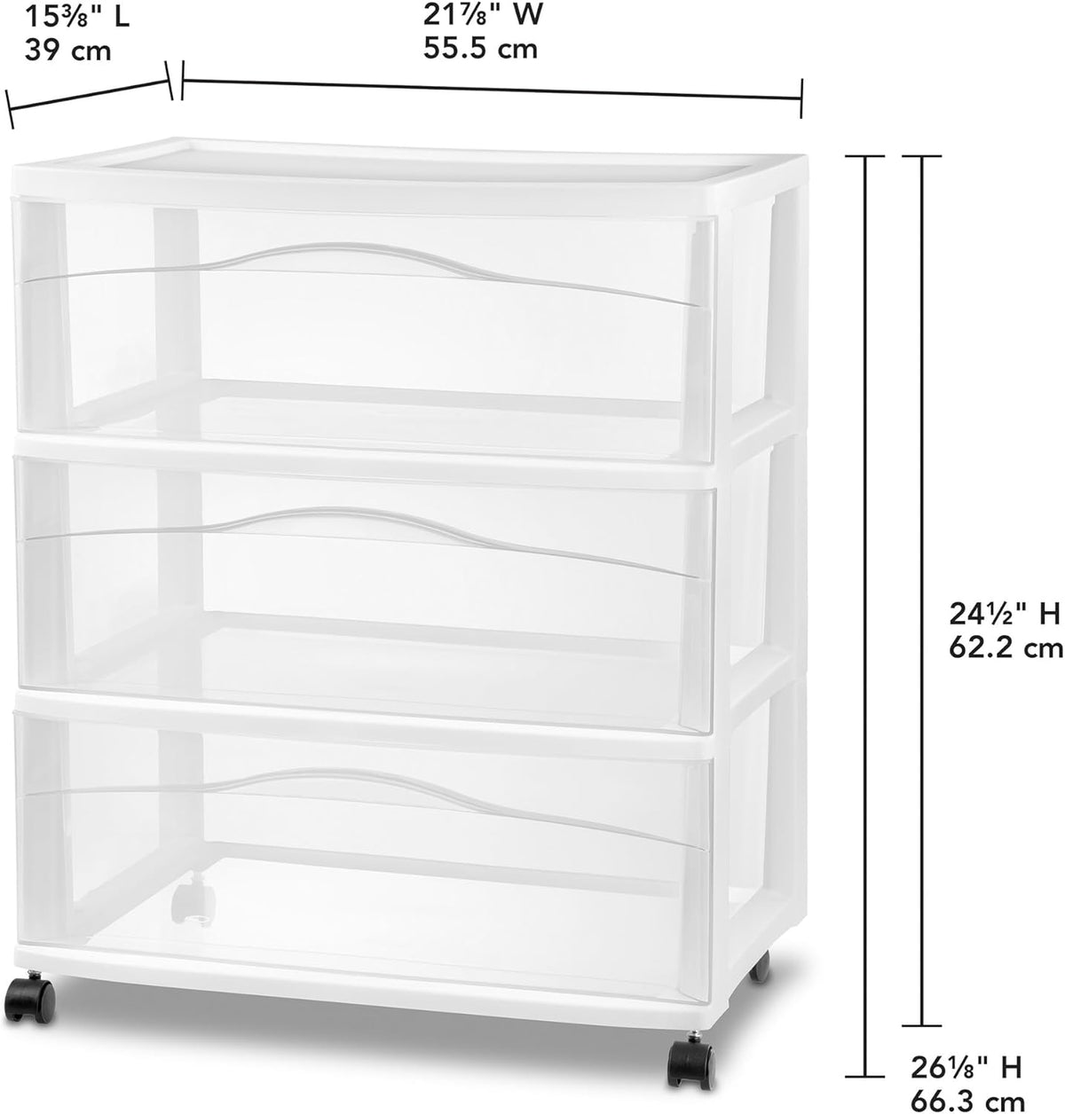 Sterilite Wide 3 Drawer Storage Cart Plastic Rolling Organizer, White Frame