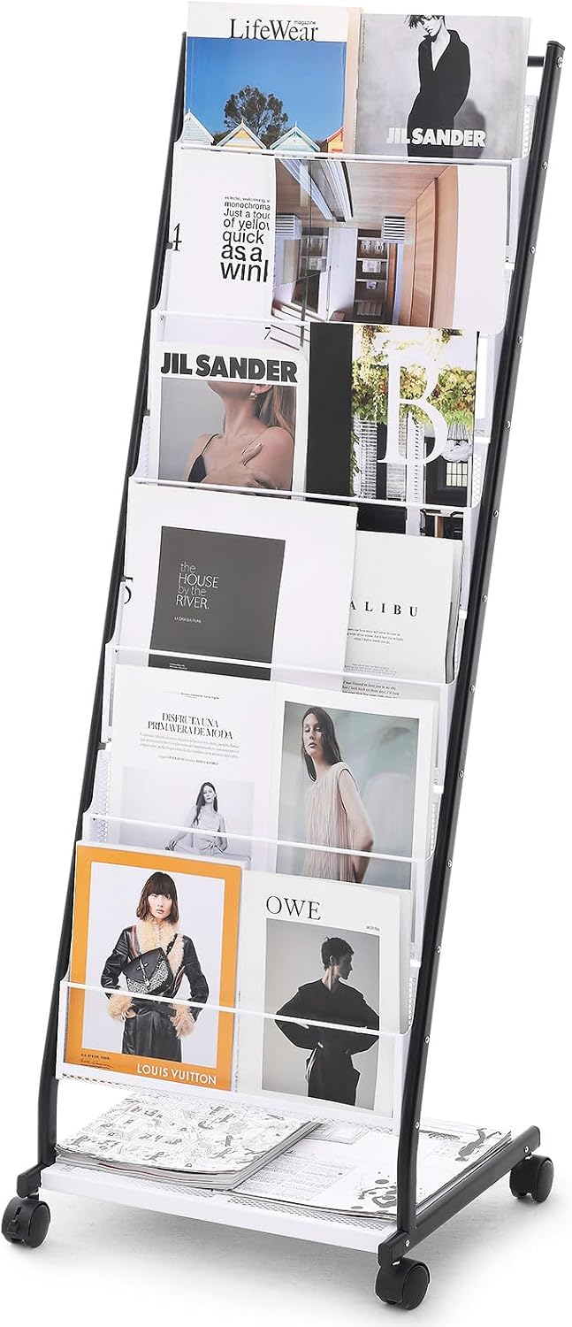 VEVOR Brochure Display Rack, 6-Tier Magazine Literature Display Stand, Floor Standing Magazine Rack Newspaper Catalog Holders, Movable with 4 Wheels (2 Lockable) for Shop Exhibitions Office, 6 Pockets