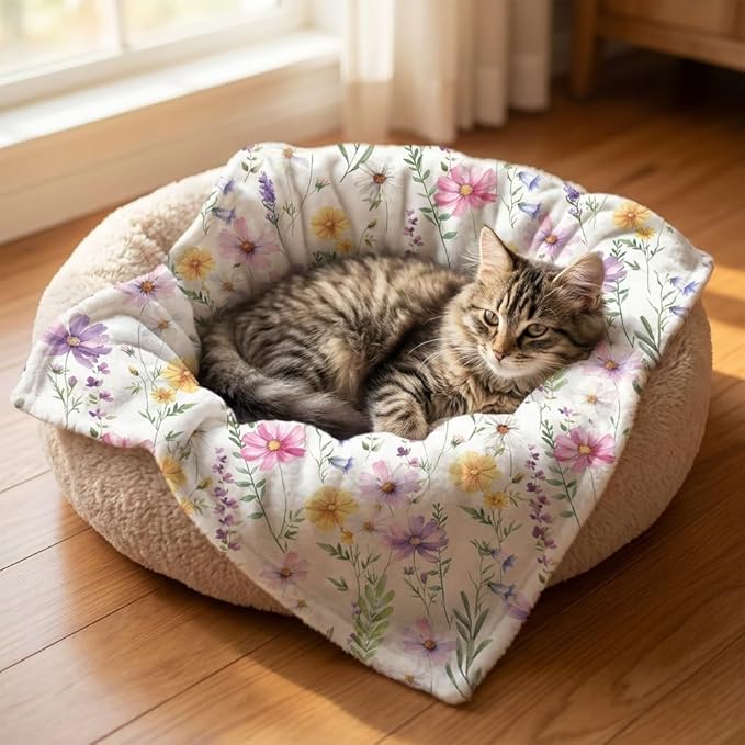 Horaldaily Pets Flannel Blanket, Spring Summer Watercolor Wildflowers Soft Fuzzy Fluffy Plush Cozy Fleece Premium Blankets for Dog Cat Puppy Kitten Couch Protection, 30x40