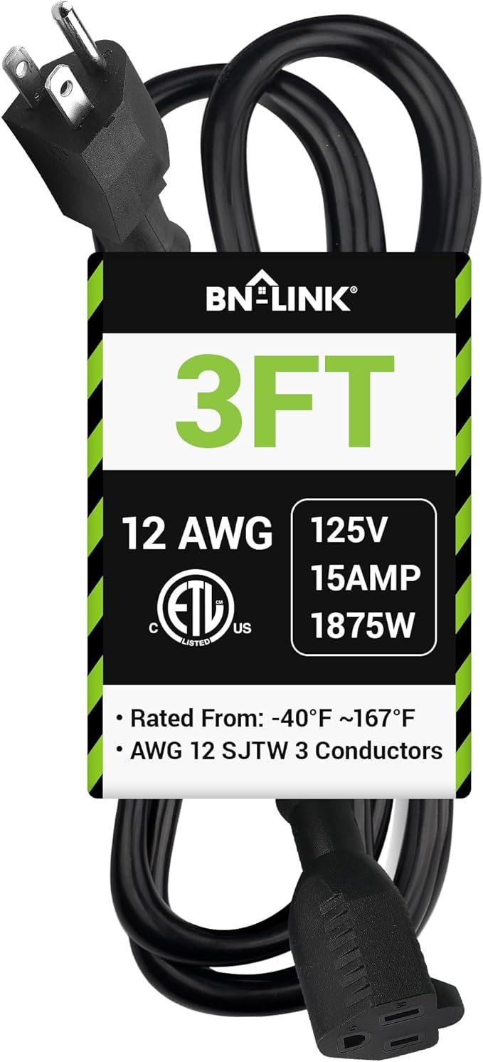 BN-LINK 3ft Outdoor Extension Cord, 15amps,12/3 SJTW Heavy Duty Power Cord, 3-Prong Grounded Plug, Weather Resistant, 1875W, Black, for Lawn, Garden, Appliances, ETL Listed