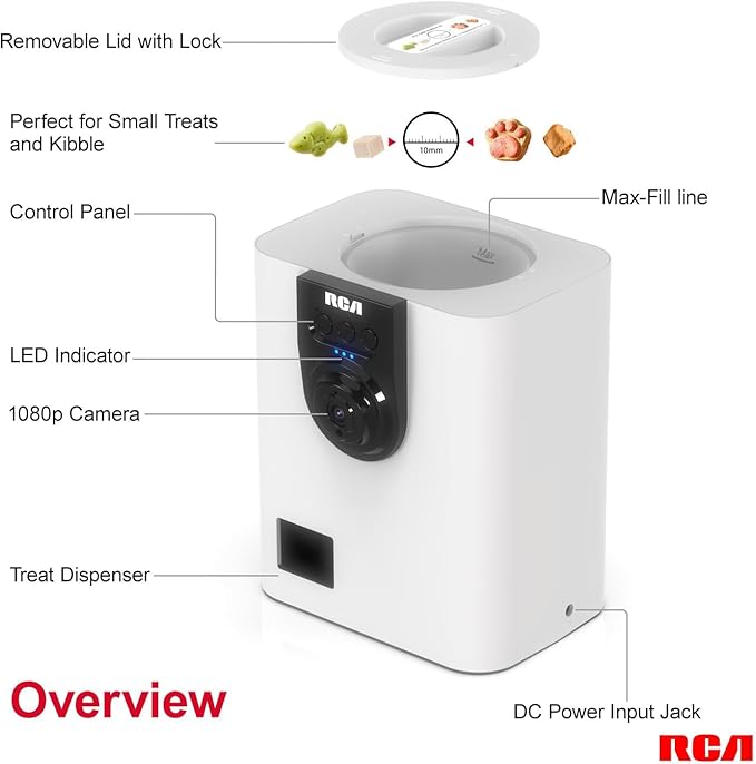 RCA Dog & Cat Smart Camera Treat Dispenser, WiFi-Enabled, 1080p HD Camera, Two-Way Audio, App Control, Compatible with Alexa & Google Assistant – for Small Treats & Kibble