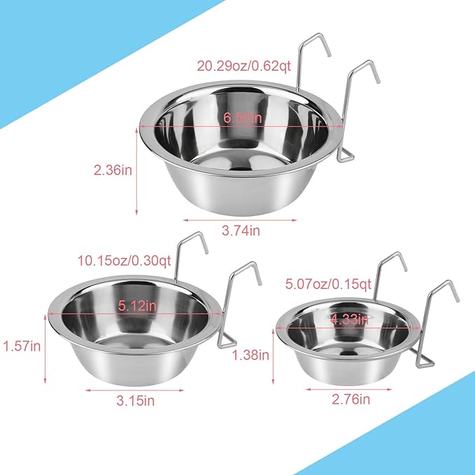 Hypeety Stainless Steel Food Water Cup with Bolt Hooks for Pet Bird Crates Cages Coop Dog Cat Parrot Bird Rabbit Pet (Medium,13cm)