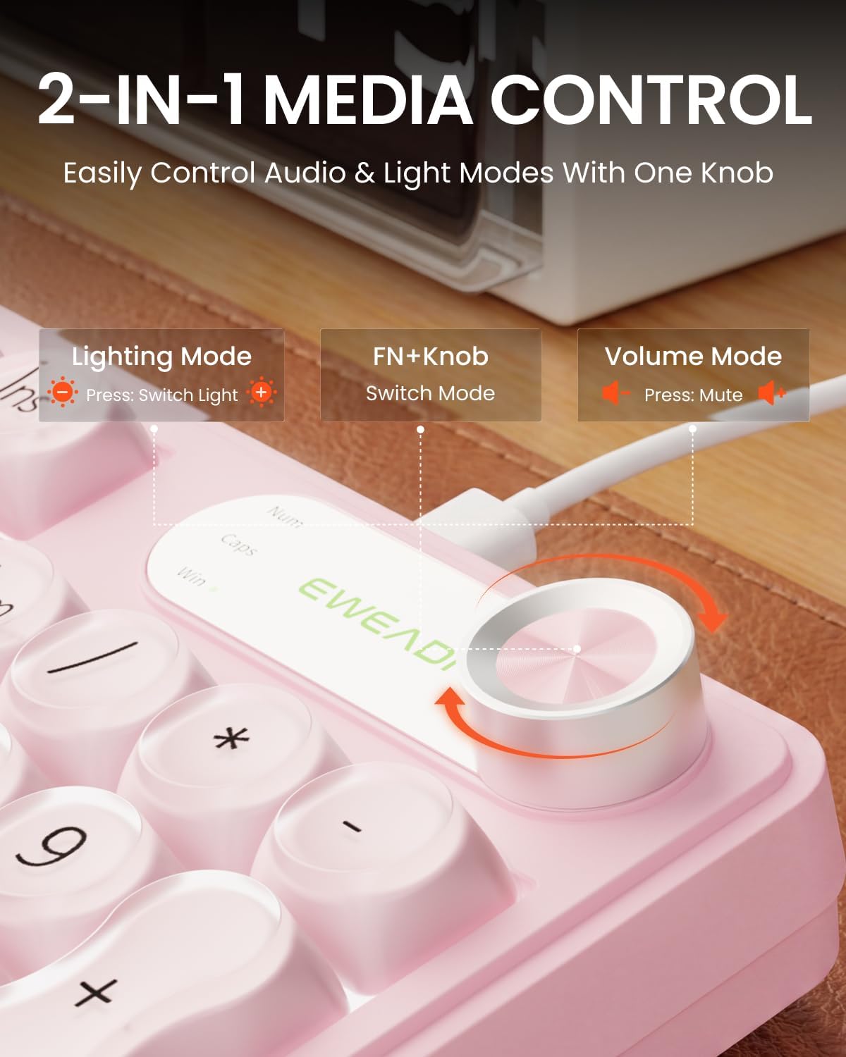 Wired Creamy Keyboard with Number Pad, 98-Key, Media Knob, RGB Backlit-Pink