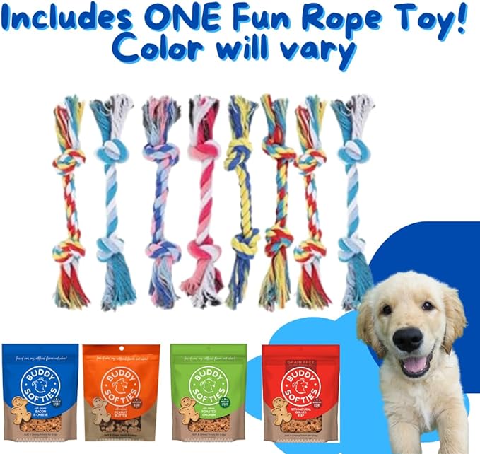 Buddy Biscuits Dog Treats Variety Pack - 6oz Softies Includes Chicken, Bacon & Cheese, Peanut Butter & 5oz Grain Free Grilled Beef - With Dog Toy Rope