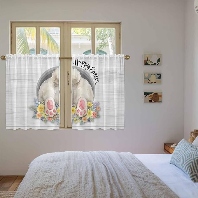 Easter Bunny Kitchen Tier Curtains 45 Inch Long 2 Panel Set, Rod Pocket Short