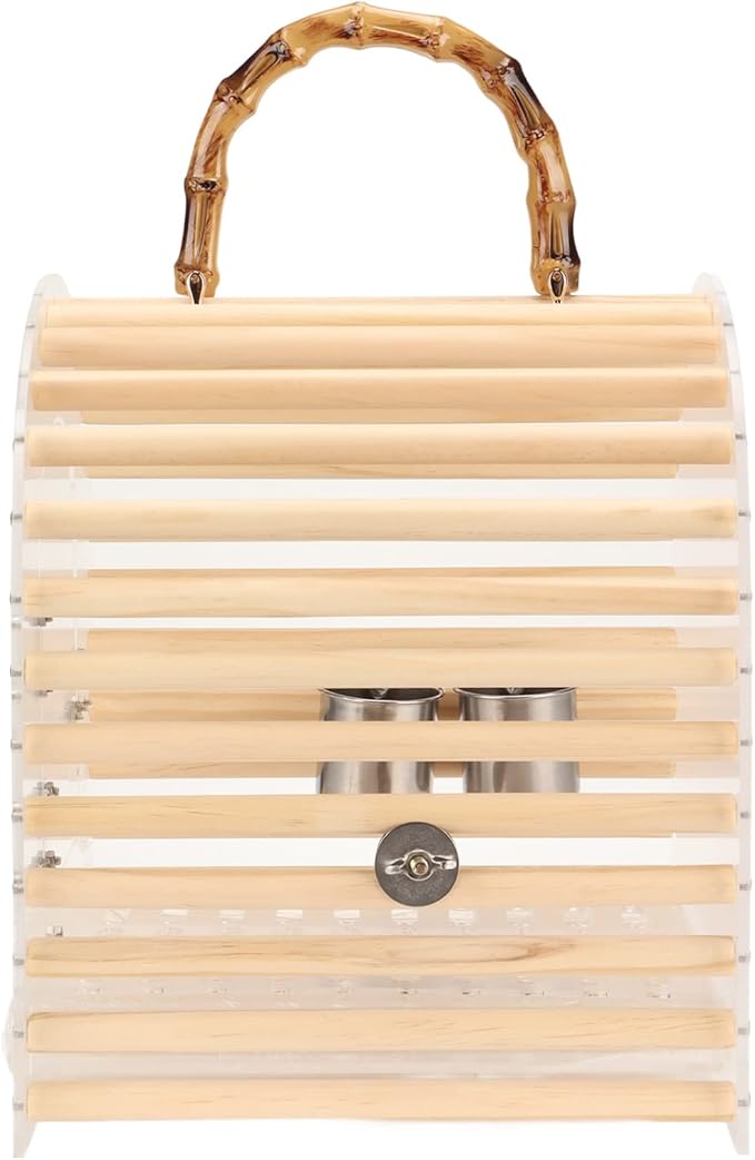 Zerodis Portable Bird Cage, Small Transparent Travel Bird Carrier with Delicate Carrying Handle Grip Wooden Acrylic Stainless Steel Material Birdcage with Lock