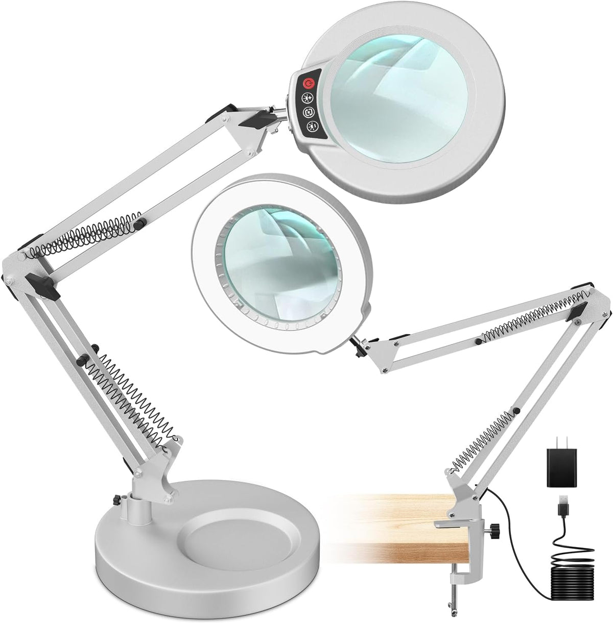 12X Magnifying Glass with Light and Stand, 5 Color Modes, Brightness Stepless Dimmable LED Lighted Magnifier Hands Free, 2-in-1 Desk Lamp & Clamp Light, Magnifier Lamp for Crafts - Silvery