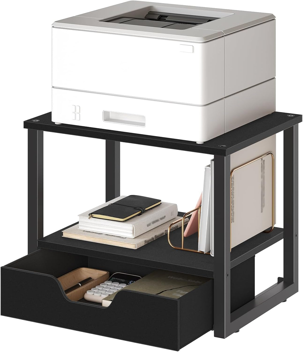 YATINEY Desktop Printer Stand, 2-Tier Printer Table with Non-Woven Drawer, Multi-Purpose Desk Organizer for Home Office, Under Desk Open Organizer Shelf, Black PS01BB