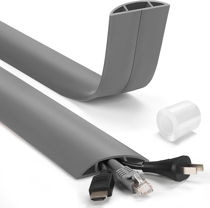 6ft Cord Covers - Grey Floor Cable Management, Hide Cord Cover, Electrical Cable Hider - Cavity: 0.78" W x 0.32" H