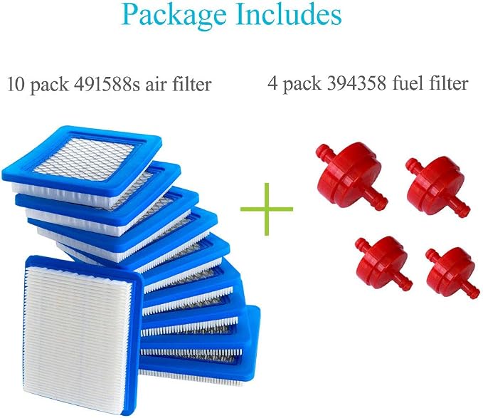 HOODELL 10 Pack 491588S Air Filter + 394358 Fuel Filter Compatible