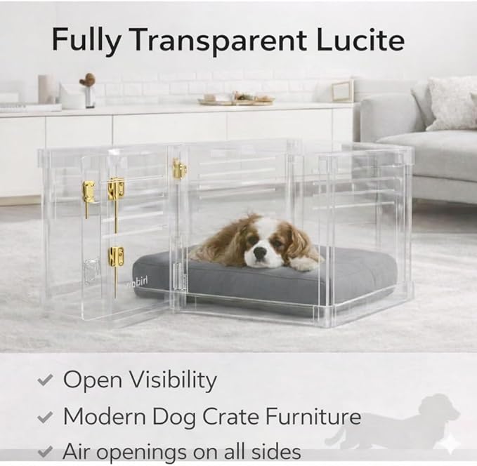 Clear Acrylic Small Dog Crate Furniture with Linen Cushion for Small Dogs up to 22 lbs, 3 in 1 Pet Crate and Gate, Modern Furniture Style Indoor Kennel, Dual Gold Latch, 16 x 24 x 18 in