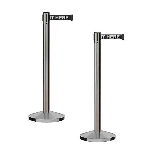 CCW Series RBB-100 - Set of 2 Stanchion Retractable Belt Barriers (9 Foot Belt, Black with"Please Wait HERE" White Letters Belt with Satin Stainless Steel Post)
