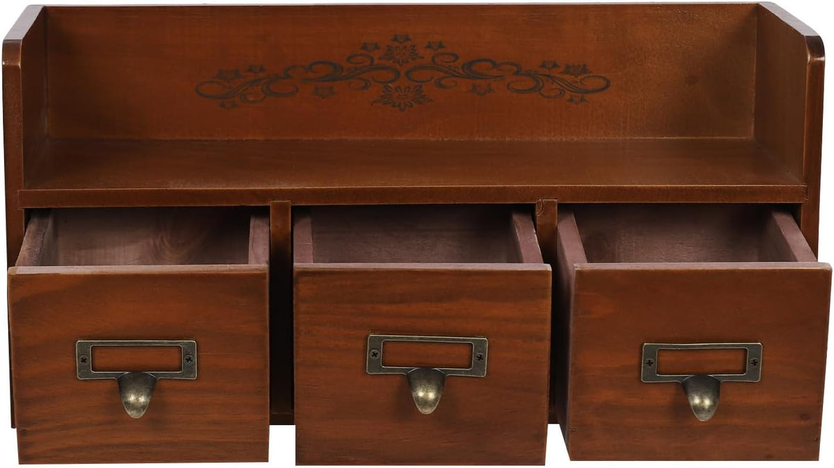 Desk Organizer with 3 Drawers, Wooden Apothecary Cabinet Desktop Storage Shelf File Holder with Label Boxes, Makeup Organizer Filing Case for Office Bedroom Home, L15.2*W5.7*H7.3in