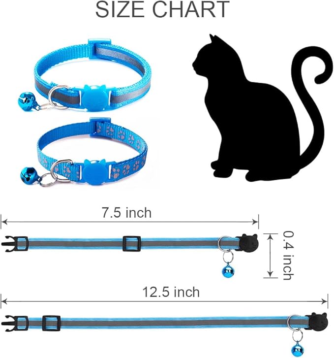 Sky Blue Reflective Cat Collar with Bells, [2 Pack] Break Away Kitten Collar with Bells, Breakaway Cat Collar for Boy Cats Kitty