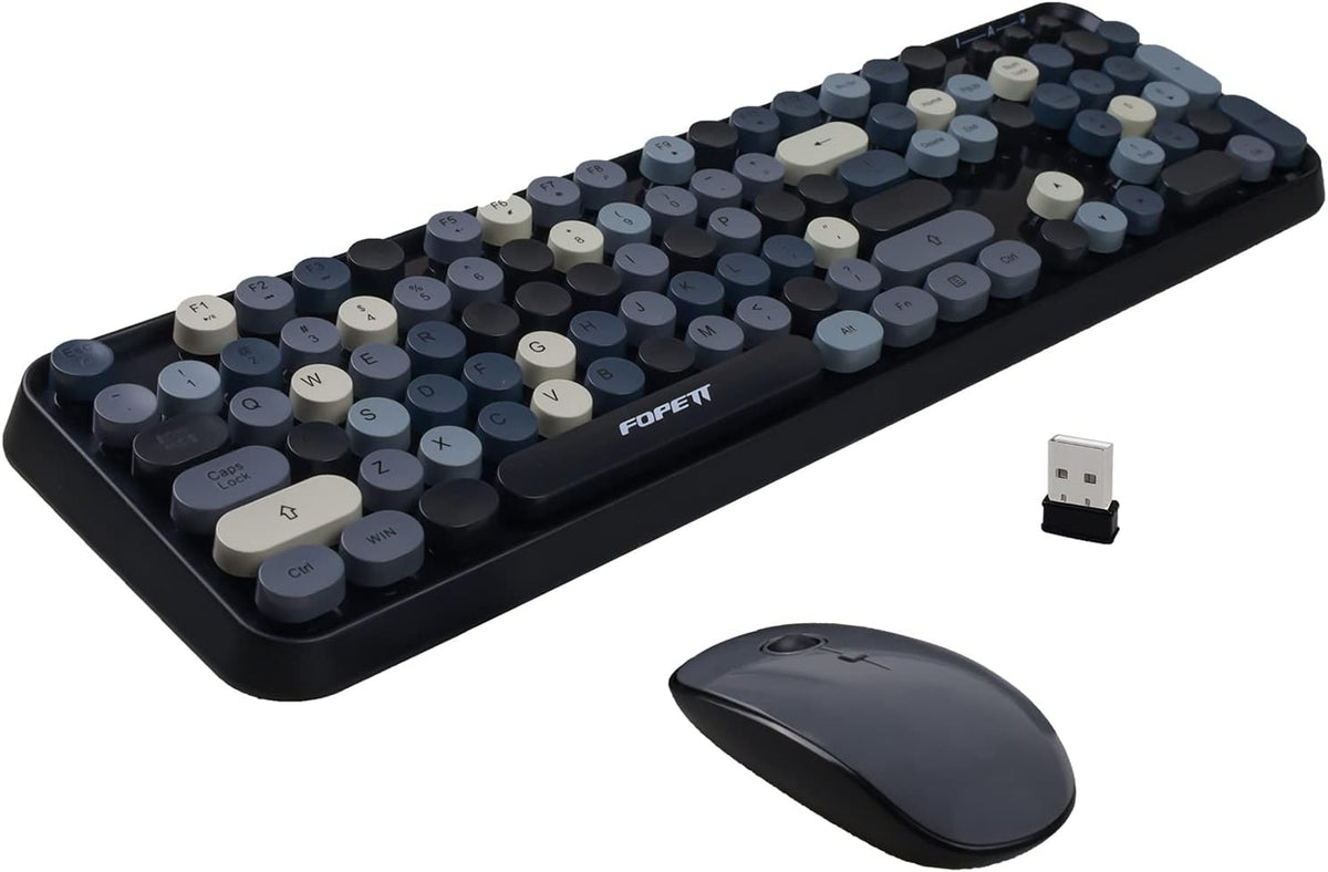 FOPETT Wireless Keyboard and Mouse Combo, 104 Keys Full-Sized 2.4 GHz Round Keycap Colorful Keyboards, USB Receiver Plug and Play, for Windows, Mac, PC, Laptop, Desktop (Grey)