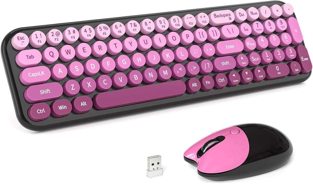 Wireless Keyboards Mouse Combos, 2.4G USB Cordless Keyboard Mouse Set with Colorful Round Retro Keycaps, Cute Typewriter Full-Size Keyboard for PC Laptop Desktop Computer Home Office-Black Pink