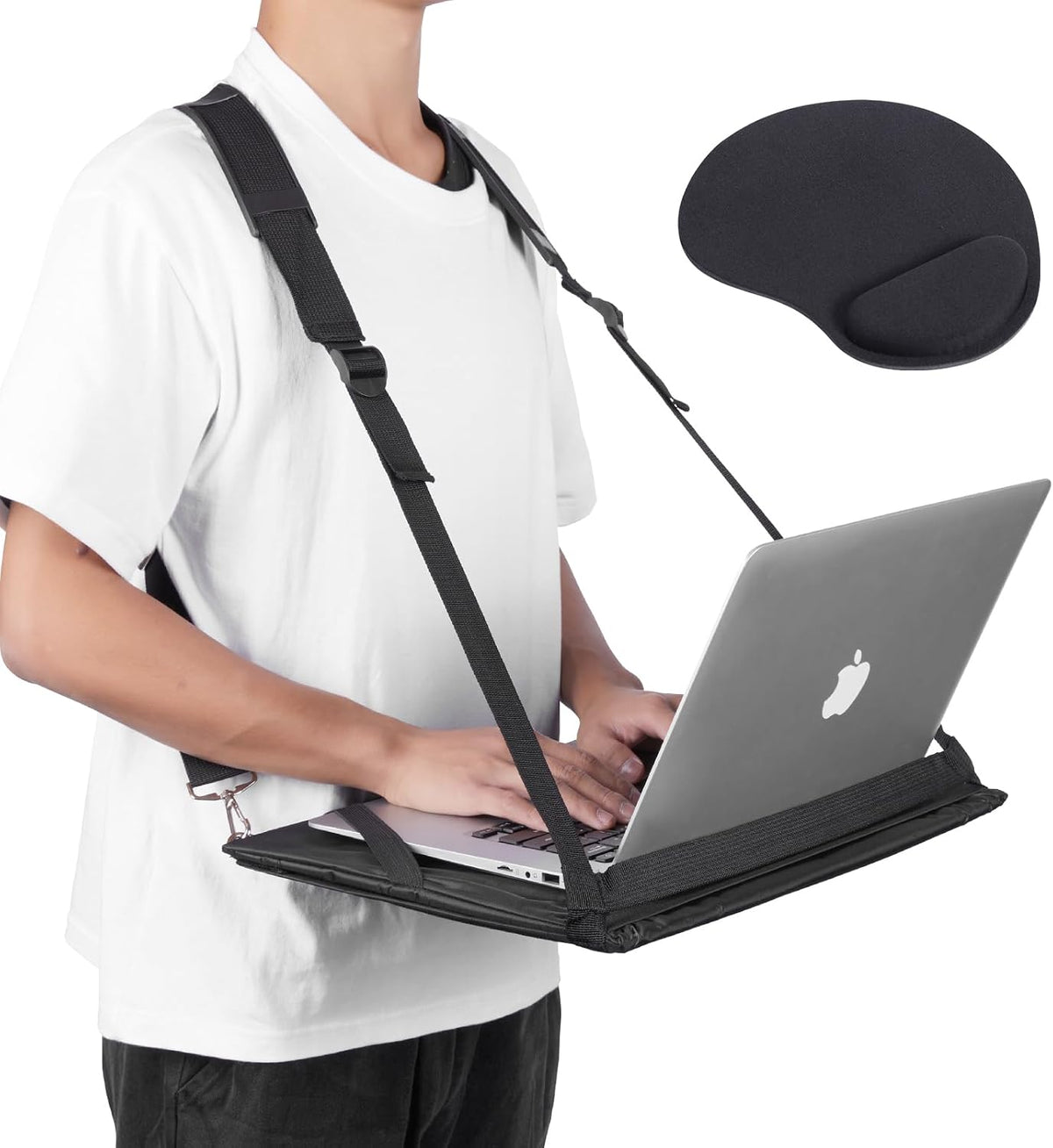 Laptop Harness - Wearable Laptop Stand for Up to 17" Laptops, Tablets & E-Readers - Adjustable Straps, Includes Memory Foam Mouse Pad