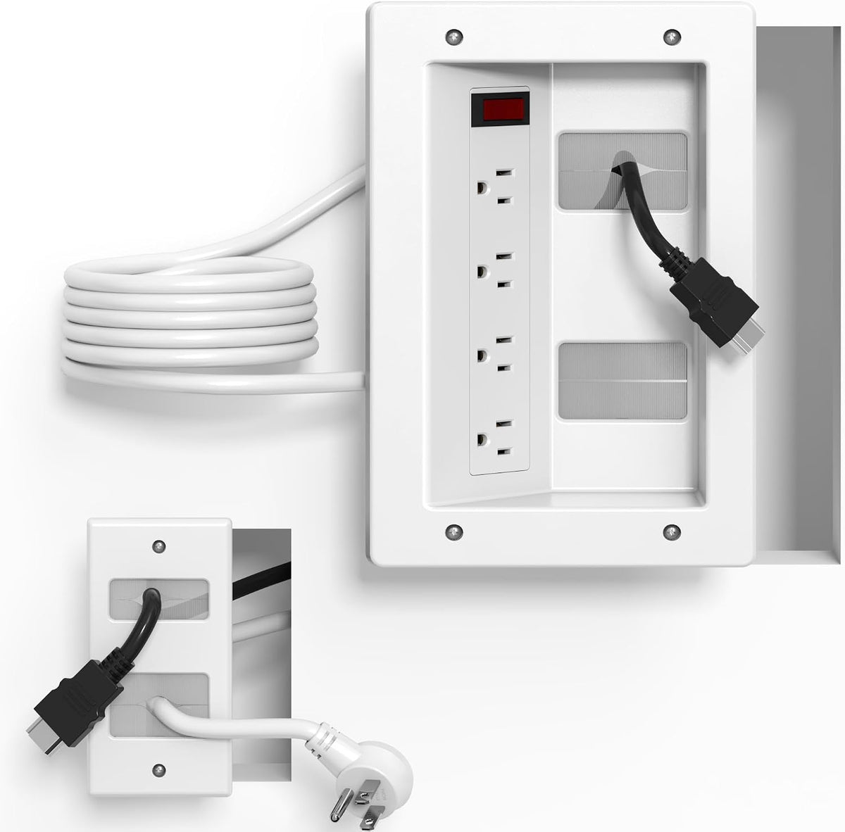 In Wall Cable Management Kit with Recessed Outlet Box, 4 Outlets, 9.8FT Cord, Hand Saw & Cable Ties, TV Cord Hider for Wall Mounted TV, Fits All Plugs, Easy Safe Cable Management for TV & Home Theater