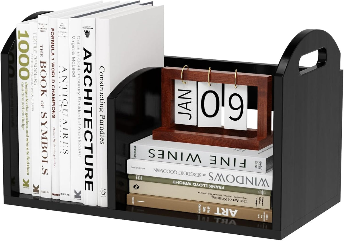 100% Solid Wood Adjustable Desktop Bookshelf, Retro Tabletop Book Shelf File Holder, Vertical Bookshelf Divider Desk Shelf for Home School Office Organization, Perfect for Books Magazine (Black)