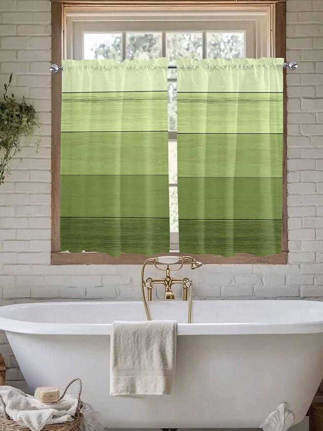 Gradient Green Wooden Board Window Valance Curtains, Retro Country Wood Grain