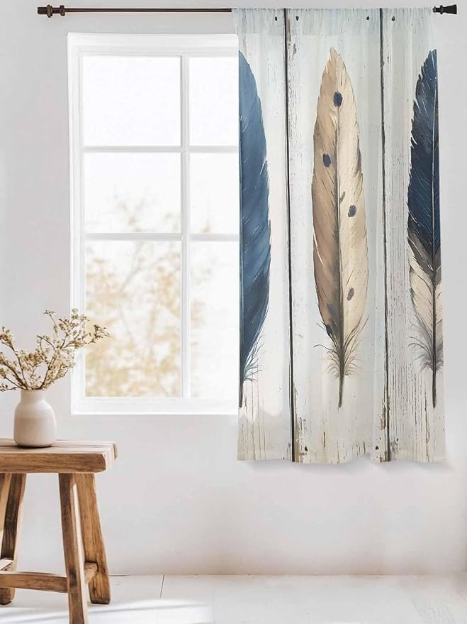 Sheer Curtains 72 Inches Long, Farmhouse Feather Semi Sheer Curtains Light