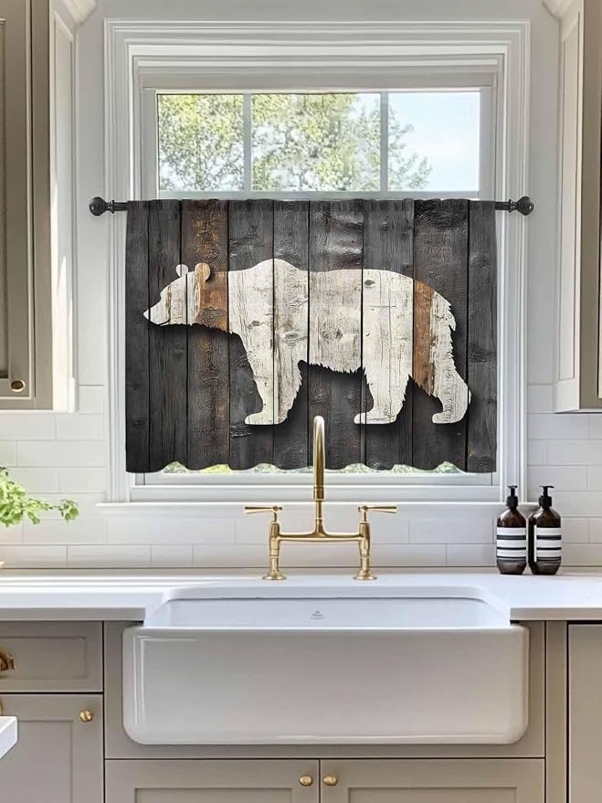 Sheer Curtains 45 Inch Length, Vintage White Brown Bear Semi Sheer Curtains
