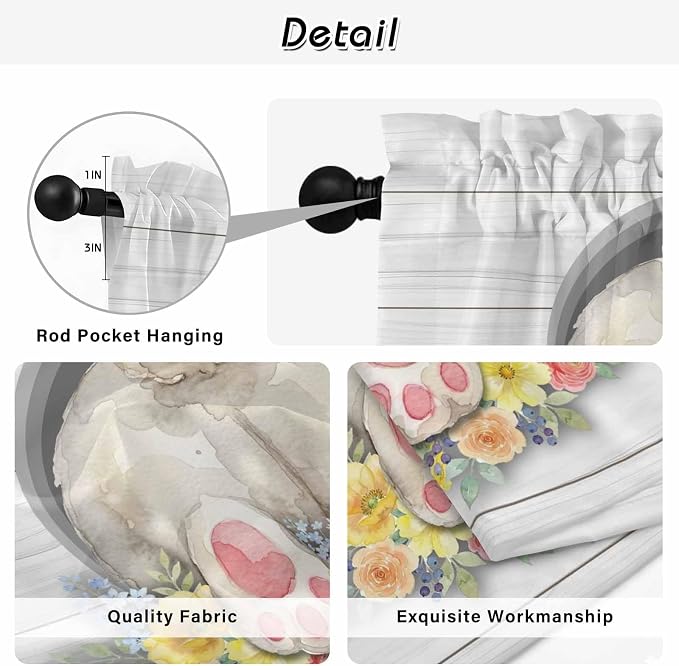 Easter Bunny Kitchen Tier Curtains 45 Inch Long 2 Panel Set, Rod Pocket Short